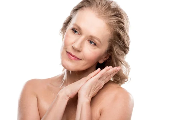 Beautiful Naked Middle Aged Woman Clean Face Isolated White — Stock Photo, Image