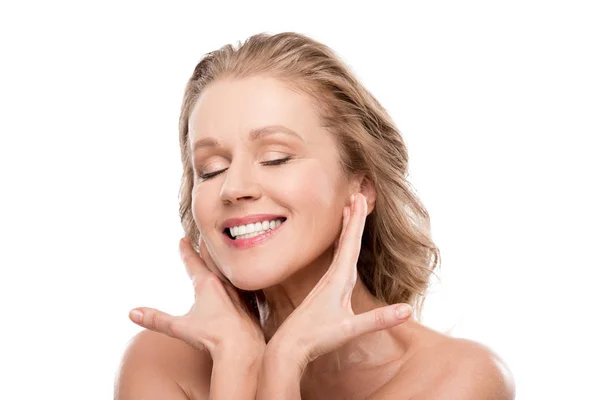 Beautiful Smiling Mature Woman Clean Face Gesturing Isolated White — Stock Photo, Image