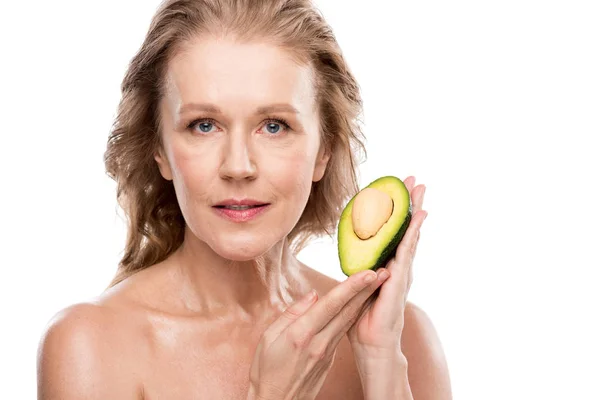 Beautiful Nude Middle Aged Woman Posing Avocado Isolated White — Stock Photo, Image
