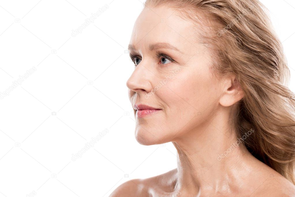 beautiful middle aged woman with clean face Isolated On White with copy space