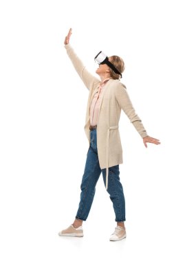 woman in vr headset experiencing Virtual reality and gesturing Isolated On White clipart