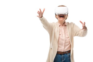 excited woman in vr headset experiencing Virtual reality Isolated On White with copy space clipart