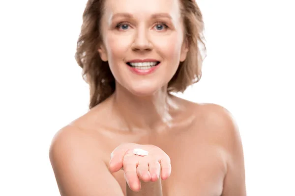 Nude Mature Woman Holding Pills Isolated White — Stock Photo, Image