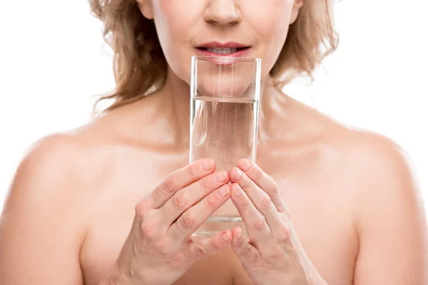 Mature Woman Glass Water Isolated White — Stock Photo, Image