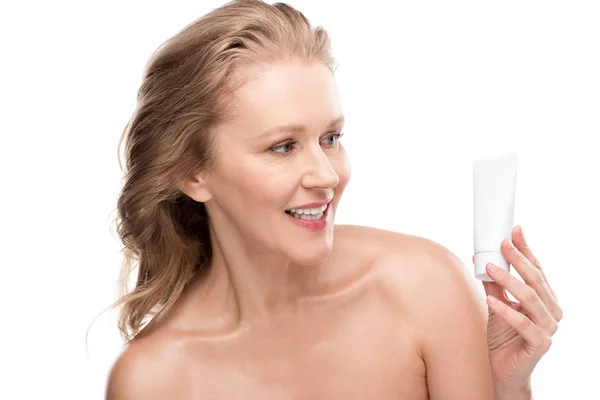 Beautiful Mature Woman Perfect Skin Holding Moisturizing Face Cream Isolated — Stock Photo, Image