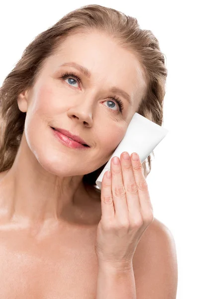 Beautiful Mature Woman Perfect Skin Holding Moisturizing Face Cream Isolated — Stock Photo, Image