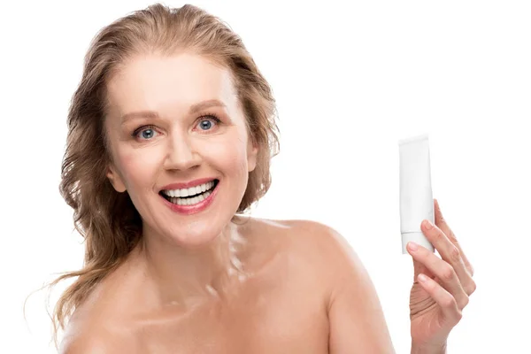 Attractive Mature Woman Perfect Skin Holding Moisturizing Face Cream Isolated — Stock Photo, Image
