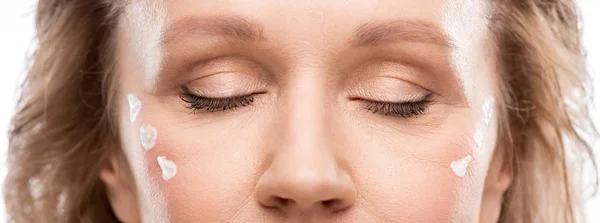 Panoramic Shot Mature Woman Cosmetic Cream Face Isolated White — Stock Photo, Image