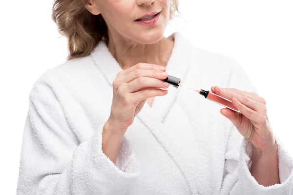 Cropped View Mature Woman Holding Lip Gloss Isolated White — Stock Photo, Image