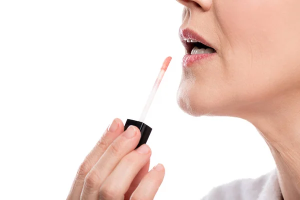 Partial Shot Mature Woman Applying Lip Gloss Isolated White — Stock Photo, Image