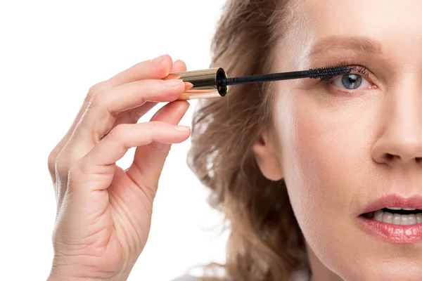 Cropped View Mature Woman Applying Mascara Isolated White — Stock Photo, Image