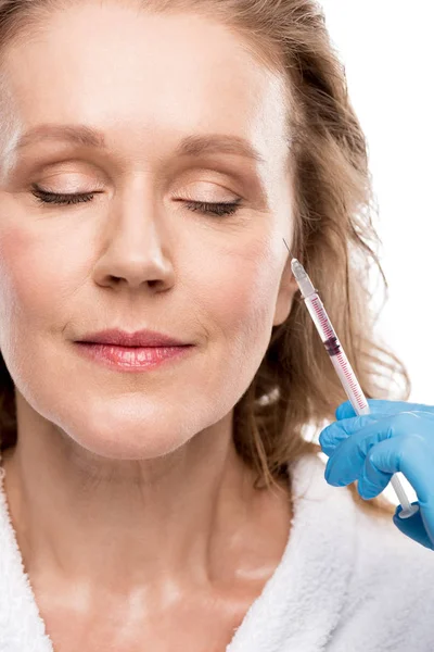 Doctor Giving Beauty Injection Middle Aged Woman Isolated White — Stock Photo, Image