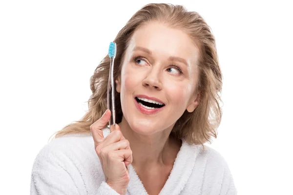Mujer Mediana Edad Sonriente Albornoz Con Cepillo Dientes Aislado Blanco — Foto de Stock