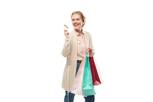 Happy Middle Aged Woman Shopping Bags Credit Card Isolated White — Stock Photo, Image