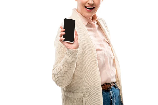 Cropped View Middle Aged Woman Showing Smartphone Blank Screen Isolated — Stock Photo, Image