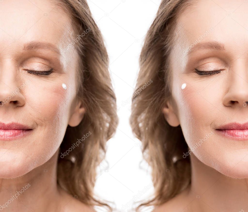 collage of mature woman with cosmetic cream on face before and after retouching Isolated On White