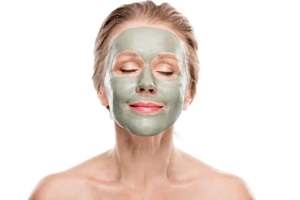 Mature Woman Clay Mask Eyes Closed Isolated White — Stock Photo, Image