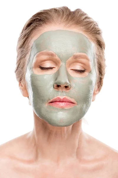 Mature Woman Clay Mask Eyes Closed Isolated White — Stock Photo, Image