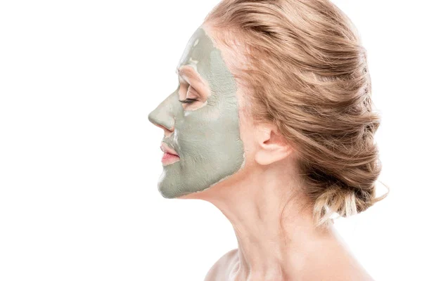 Side View Mature Woman Clay Mask Isolated White — Stock Photo, Image