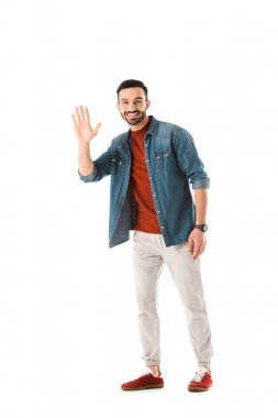 positive bearded man looking at camera and showing hello gesture isolated on white clipart