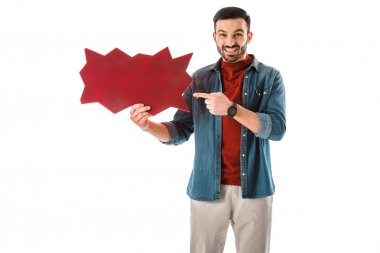 neşeli adam düşünce balonu parmak ile işaret ve beyaz izole kamera bakıyor