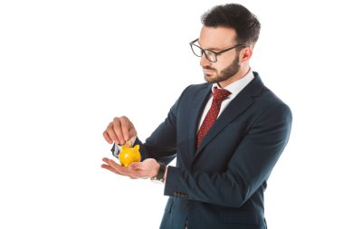 serious bearded businessman putting coin into piggy bank isolated on white clipart
