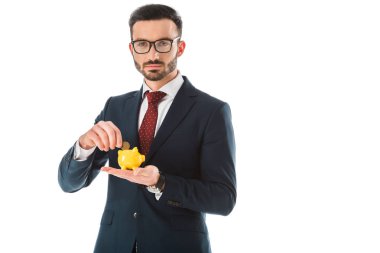 kendine güvenen işadamı kumbara içine sikke koyarak ve beyaz izole kamera bakarak