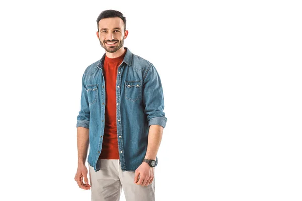 Hombre Guapo Feliz Camisa Mezclilla Azul Mirando Cámara Aislada Blanco — Foto de Stock