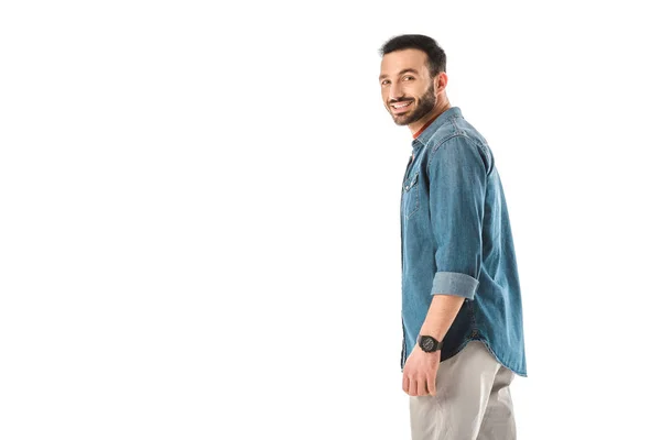 Hombre Guapo Sonriente Camisa Mezclilla Mirando Cámara Aislada Blanco —  Fotos de Stock