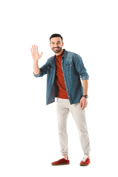 Positive Bearded Man Looking Camera Showing Hello Gesture Isolated White — Stock Photo, Image