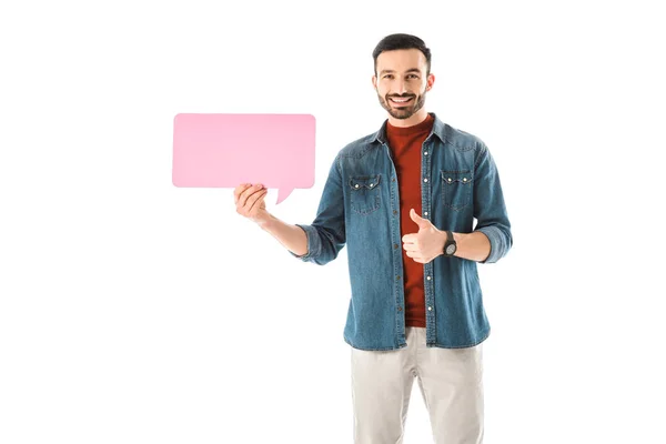 Happy Handsome Man Holding Speech Bubble Showing Thumb Isolated White — Stock Photo, Image