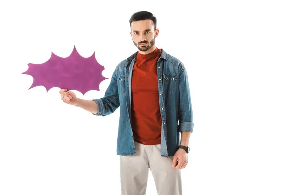 Serious Bearded Man Holding Thought Bubble Looking Camera Isolated White — Stock Photo, Image