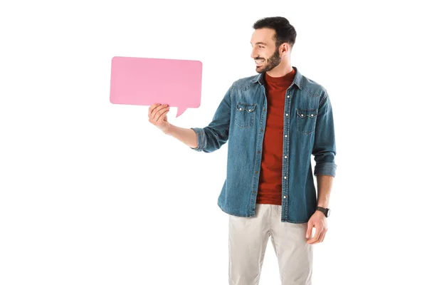 Smiling Handsome Man Denim Shirt Holding Speech Bubble Isolated White — Stock Photo, Image