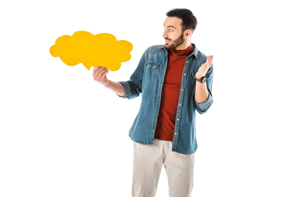 Surprised Bearded Man Denim Shirt Holding Thought Bubble Isolated White — Stock Photo, Image