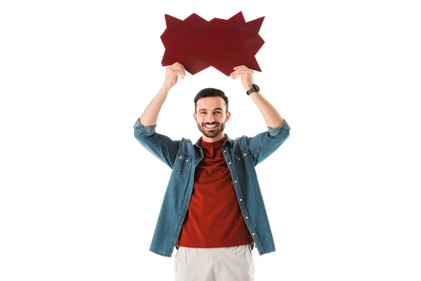 Smiling Man Holding Thought Bubble Head Looking Camera Isolated White — Stock Photo, Image