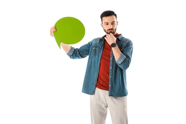 Uomo Premuroso Con Bolla Pensiero Che Tiene Mano Vicino Viso — Foto Stock