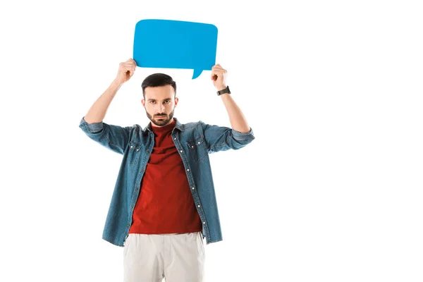 Serious Man Holding Speech Bubble Head Looking Camera Isolated White — Stock Photo, Image