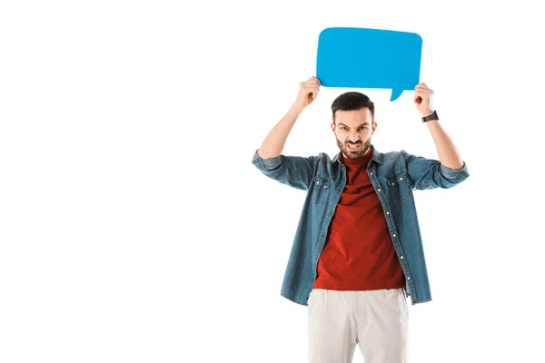 Irritated Man Holding Speech Bubble Head Looking Camera Isolated White — Stock Photo, Image