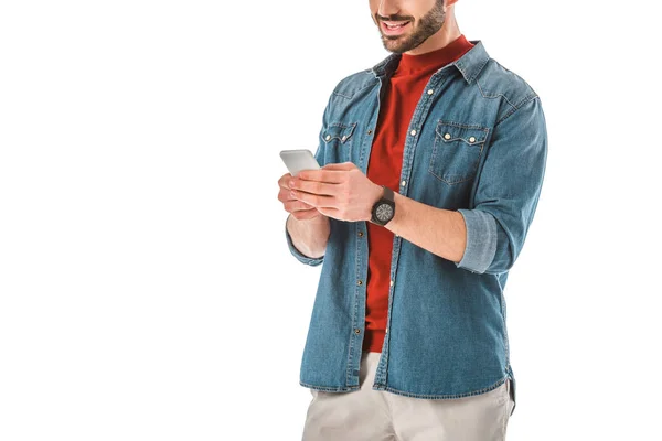 Visão Parcial Homem Adulto Camisa Jeans Usando Smartphone Isolado Branco — Fotografia de Stock