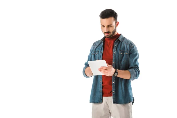 Thoughtful Bearded Man Denim Shirt Using Digital Tablet Isolated White — Stock Photo, Image