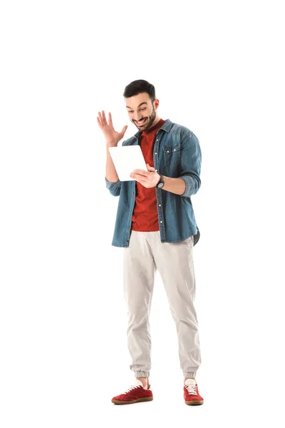 Excited Handsome Man Gesturing While Using Digital Tablet Isolated White — Stock Photo, Image