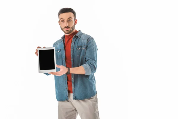 Surprised Man Looking Camera While Holding Digital Tablet Blank Screen — Stock Photo, Image