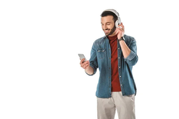 Cheerful Man Listening Music Headphones Using Smartphone Isolated White — Stock Photo, Image