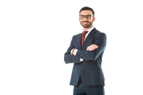 Happy Businessman Standing Crossed Arms Looking Camera Isolated White — Stock Photo, Image