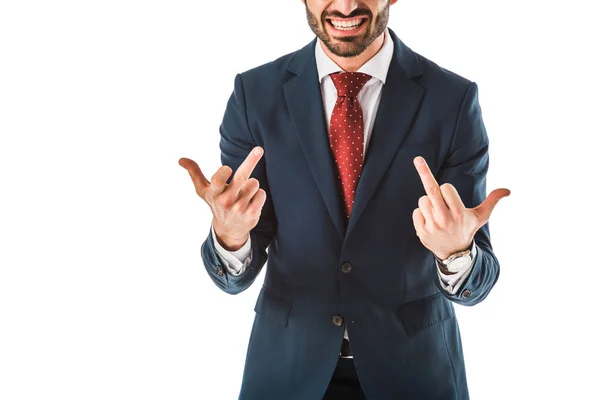 Részleges Kilátás Üzletember Fekete Öltöny Bemutató Középső Ujjak Elszigetelt Fehér — Stock Fotó