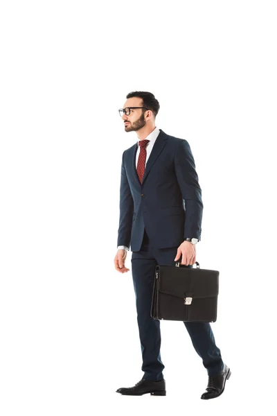 Serious Businessman Briefcase Looking Away Isolated White — Stock Photo, Image