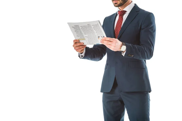 Vista Parcial Del Hombre Negocios Traje Negro Leyendo Periódico Aislado —  Fotos de Stock