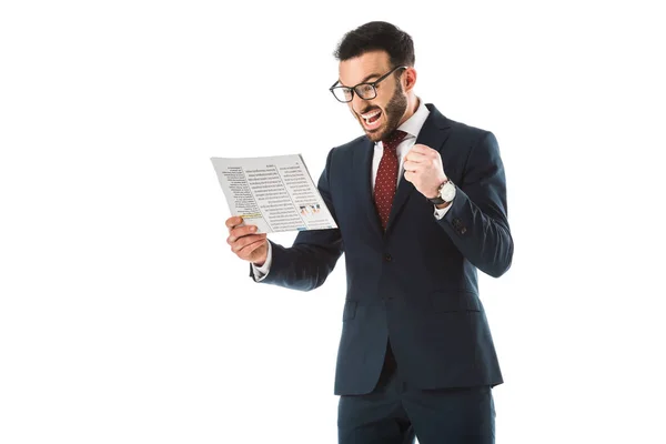 Homem Negócios Irritado Lendo Jornal Mostrando Punho Isolado Branco — Fotografia de Stock