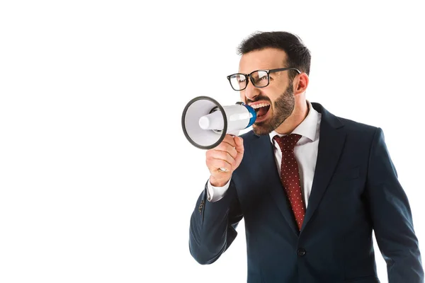 Angry Businessman Screaming Loudspeaker Looking Away Isolated White — Stock Photo, Image