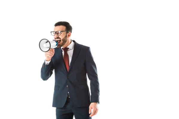 Irritated Businessman Quarreling Loudspeaker Looking Away Isolated White — Stock Photo, Image